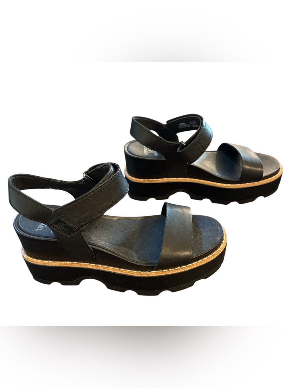 Sorel Joanie IV Y Strap Wedge Sandals Black Leather Size 6 New